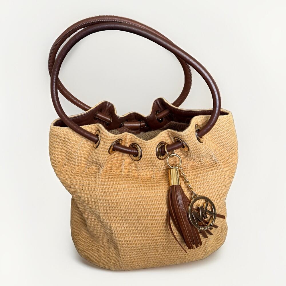 Michael Kors Raffia Tote Shoulder Bag Handbag Brown Purse